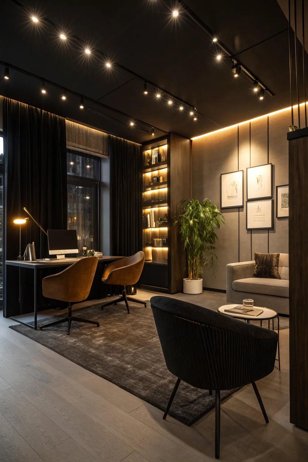 Accent lighting enhances the mood and style of a black office.