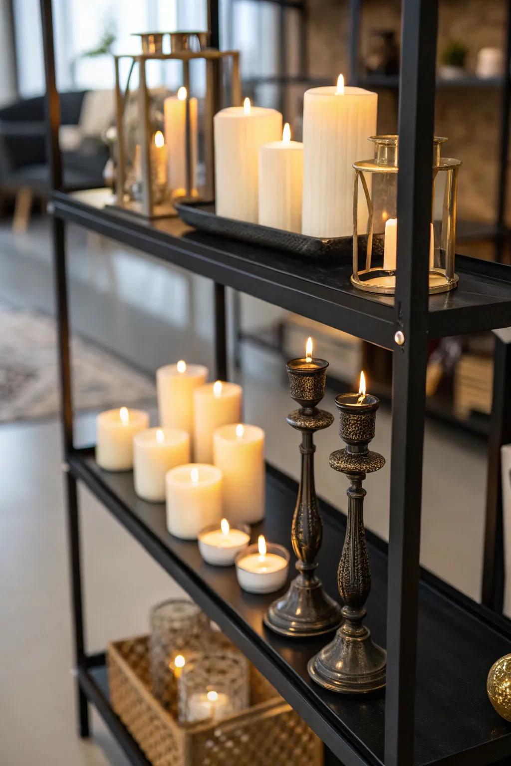 Candles varying in elevation casting a gentle glow upon a dark-colored shelf.