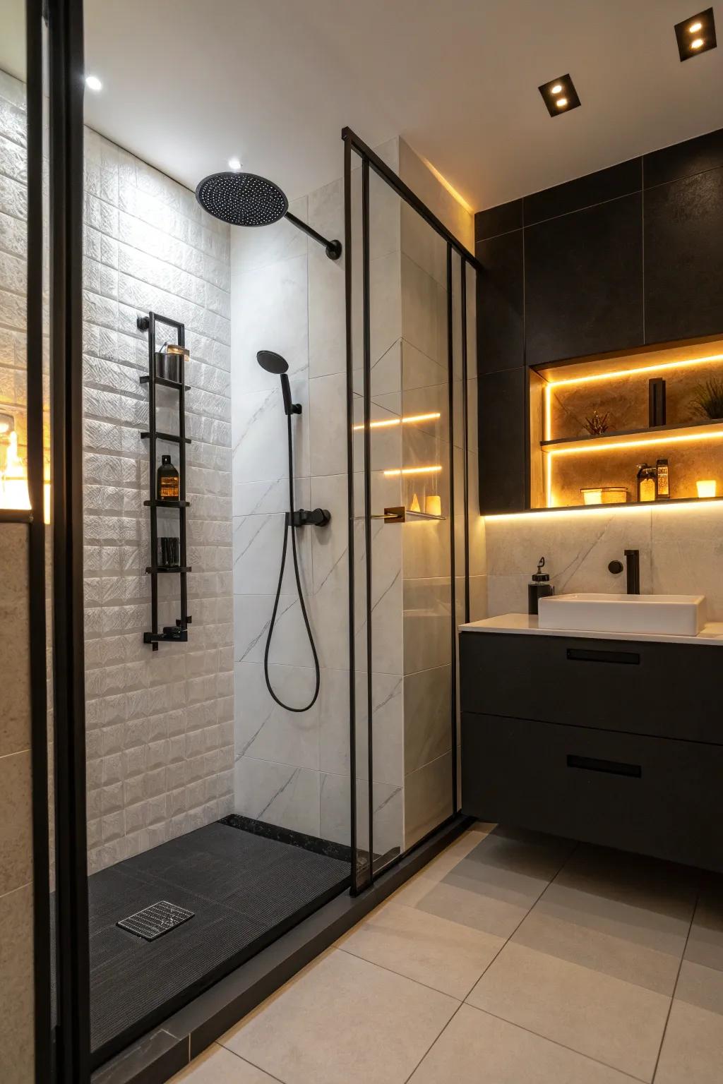 Soft illumination establishes the mood for your dark shower.
