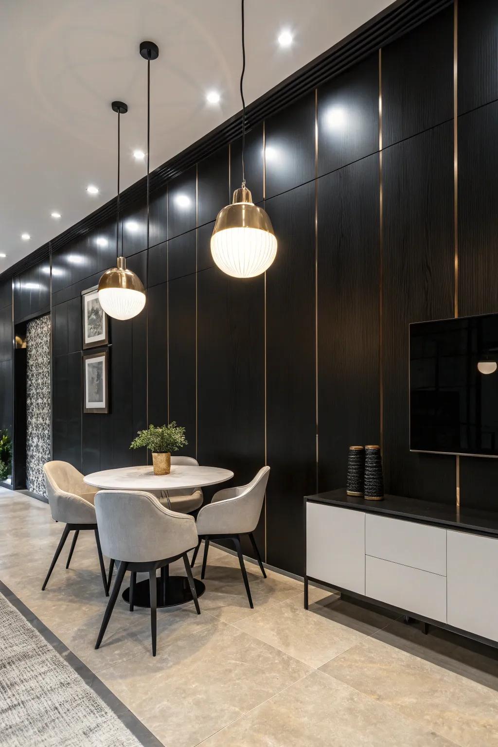 Pendant lights spotlighting a black wall.