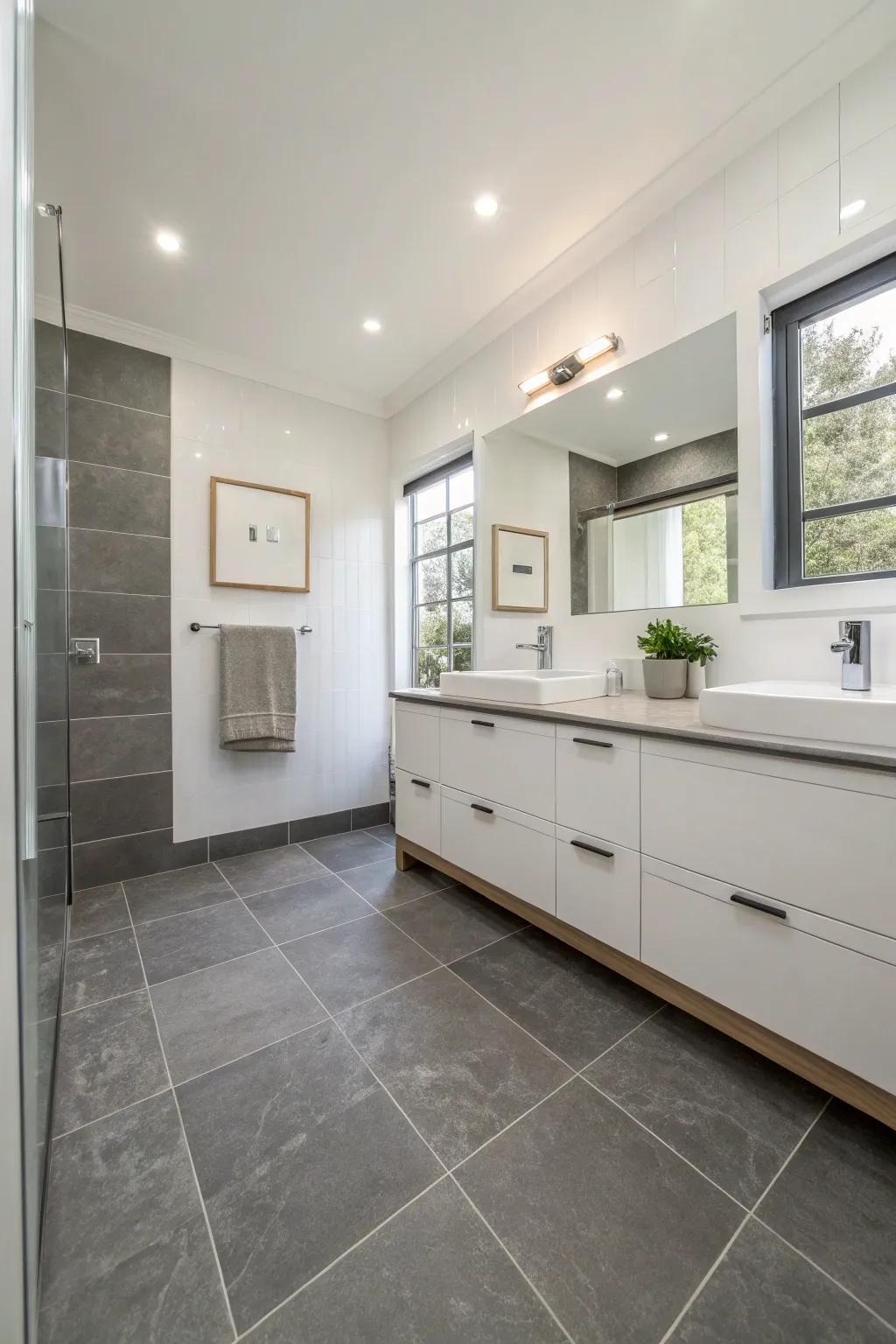 Gray floor tiles lay a sleek foundation for this modern bathroom.