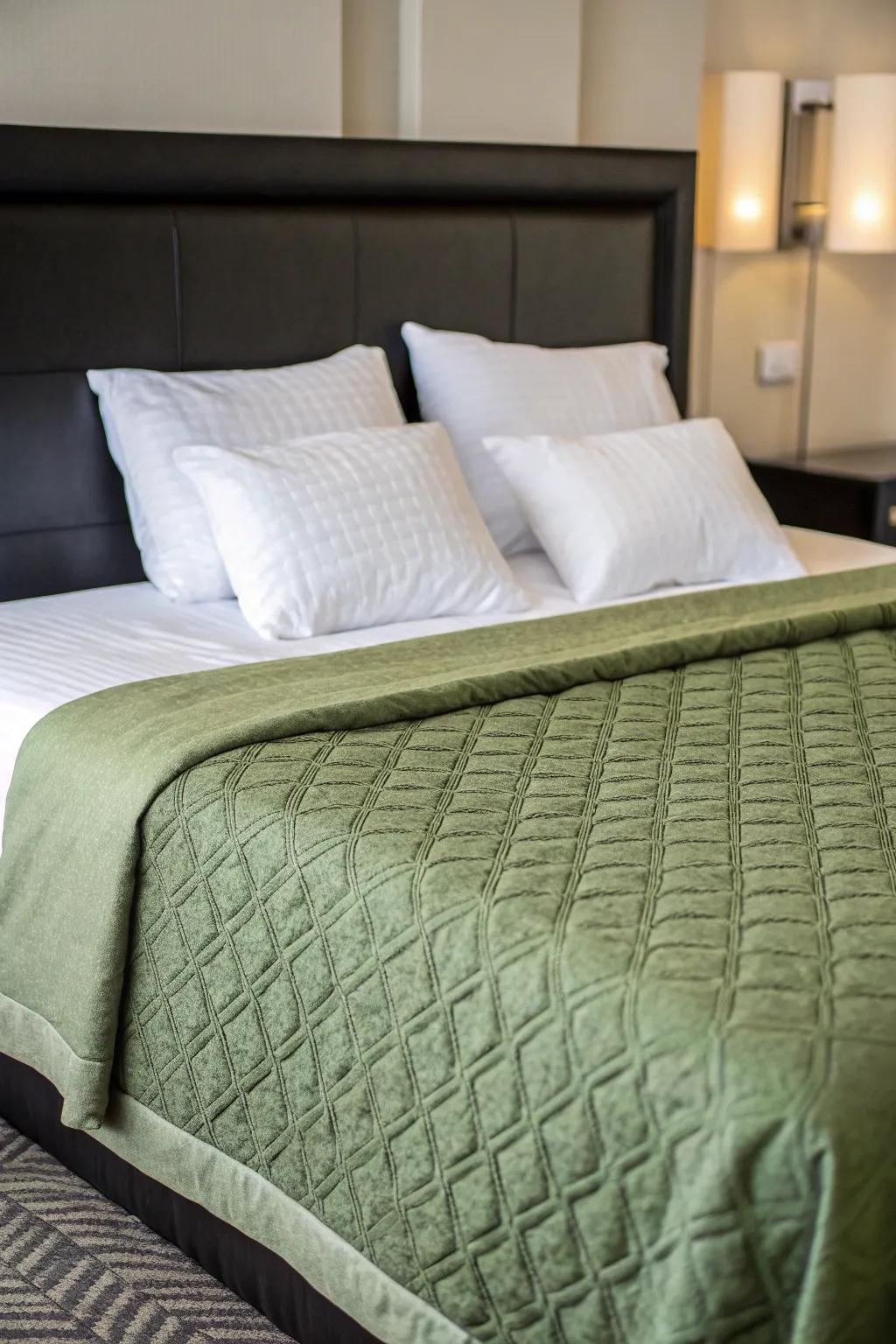 Embossed verdant bedding delivering coziness and vogue.