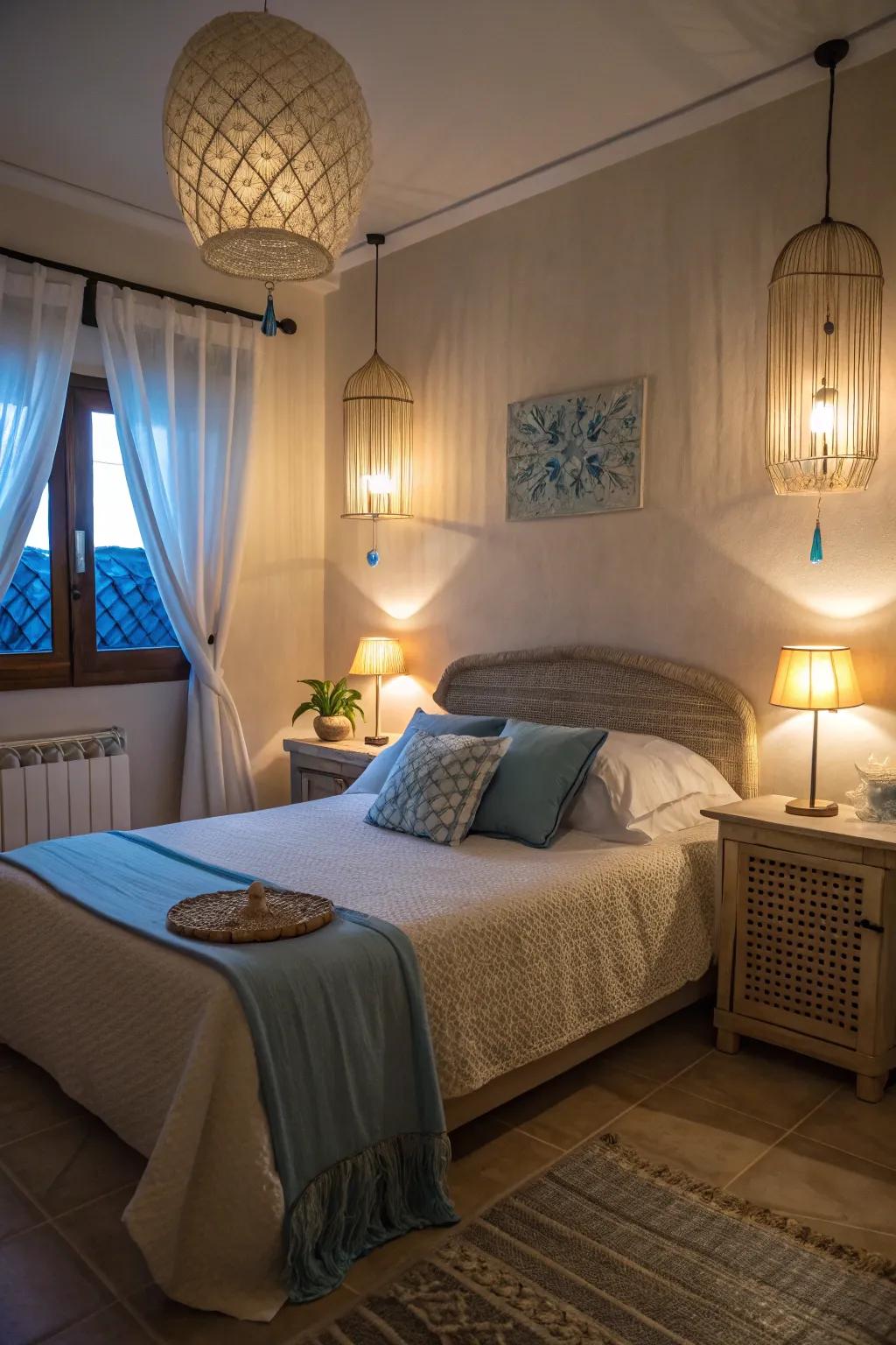 The welcoming atmosphere of the space is enhanced by soft lighting in blue and beige.