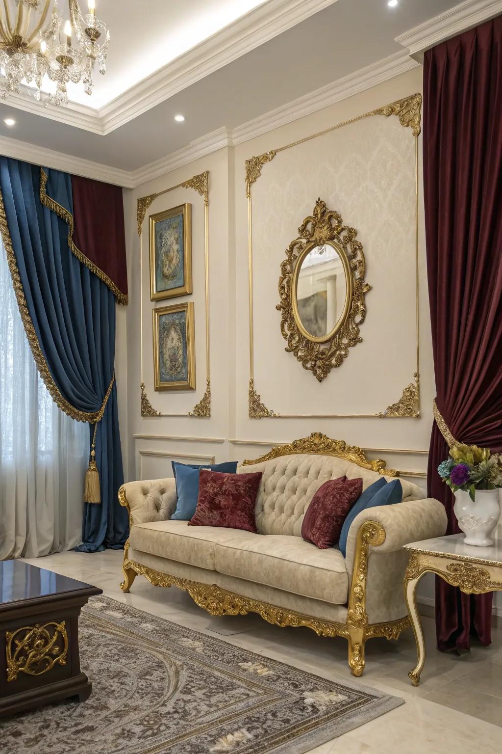 Gilded accents infuse a luxurious touch to the azure and wine-toned motif.