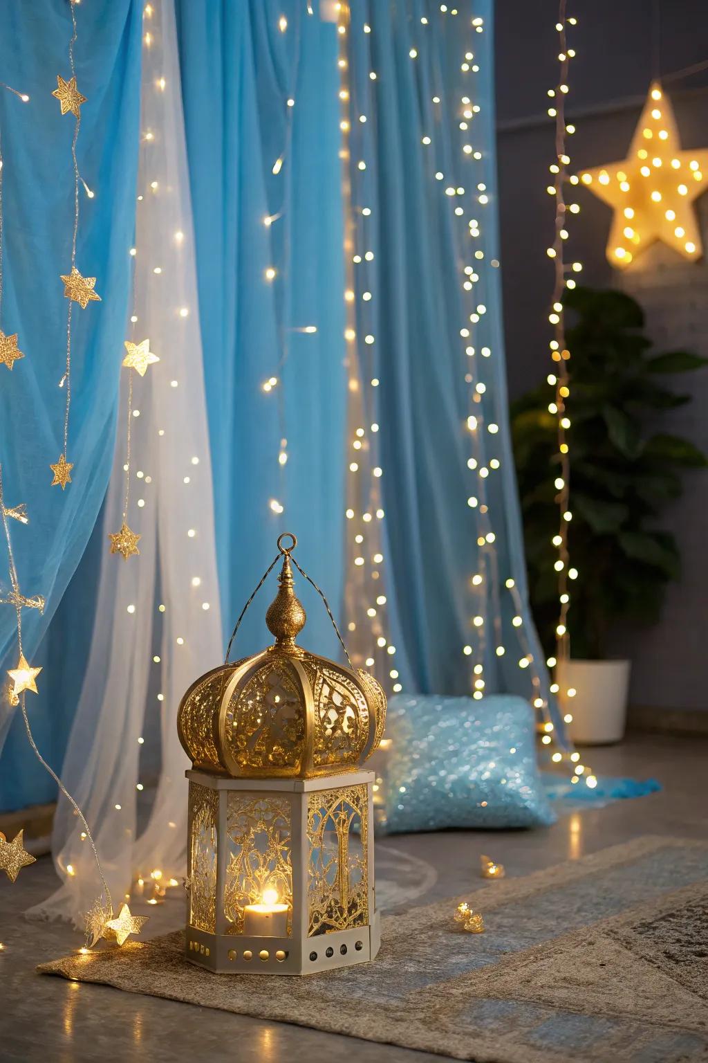 Attract with twinkle lights in your blue and gold setting.