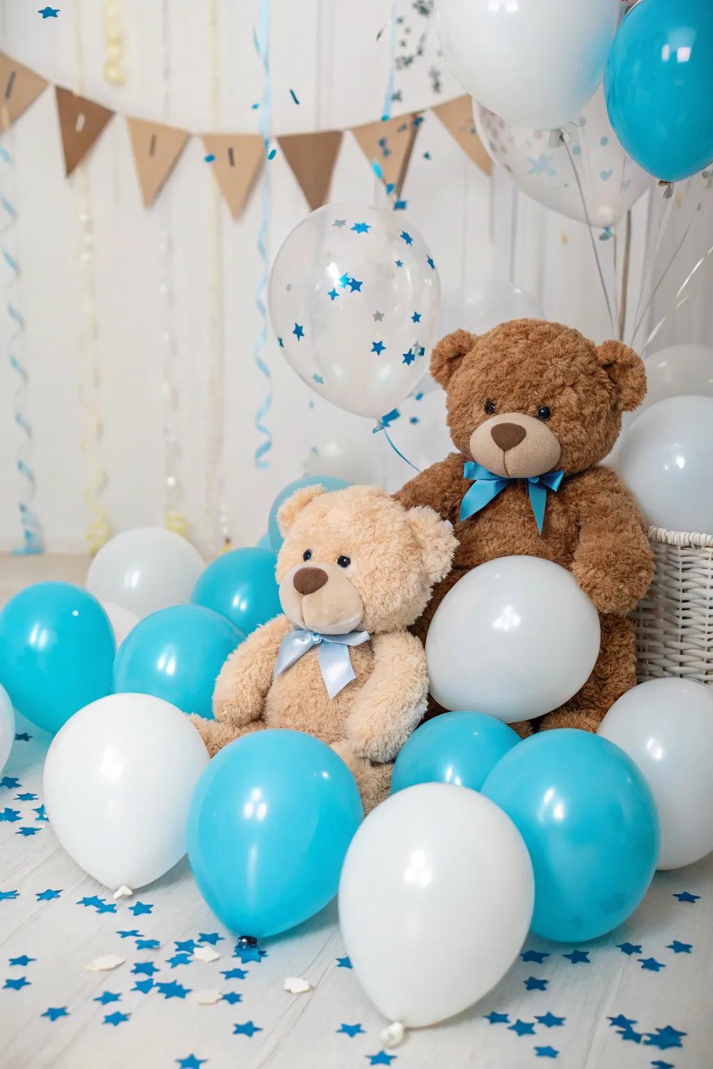 Infuse a touch of playfulness with teddy bears amidst the balloons.