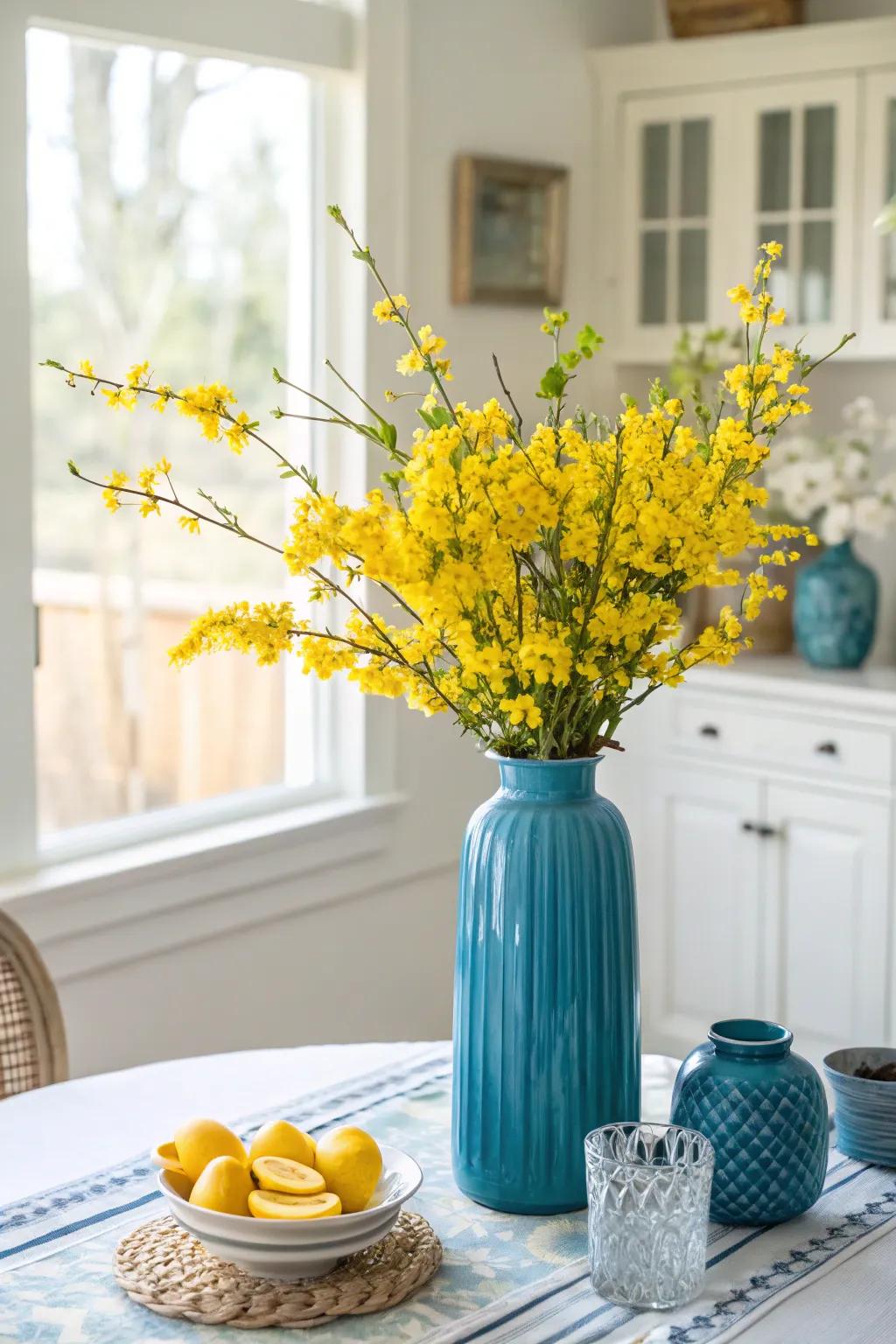 An azure container brimming with gold blooms, introducing a hint of freshness to the area.