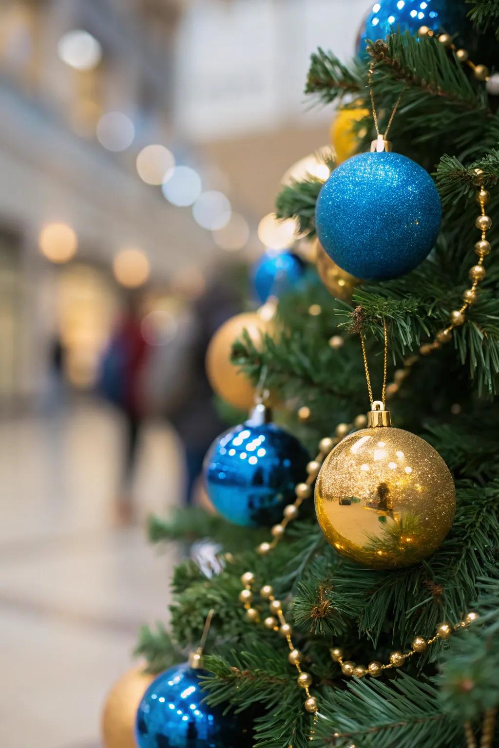 Azure and gold decorations evoke a luxurious holiday aesthetic.
