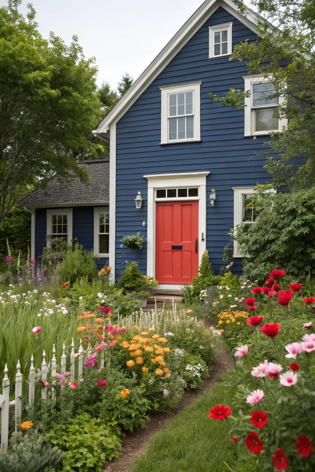 A bold front entrance hue pops against blue siding.