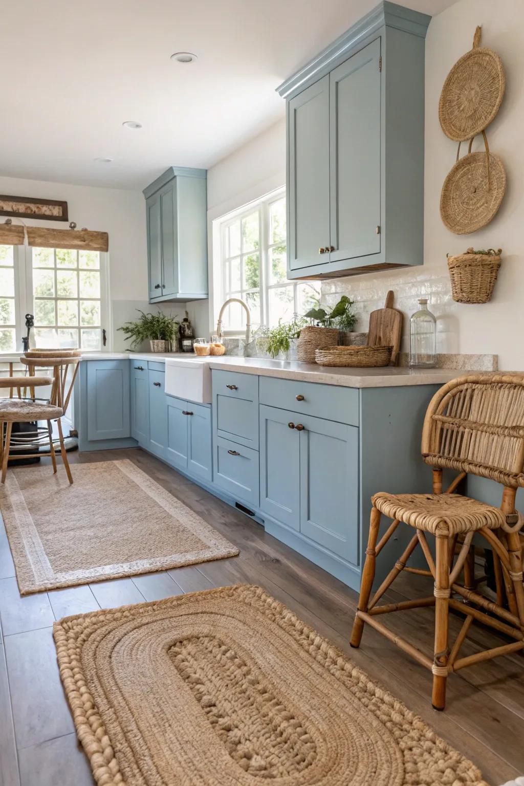 Seaside azure cupboards evoke a radiant and breezy coastal vibe in your cooking area.