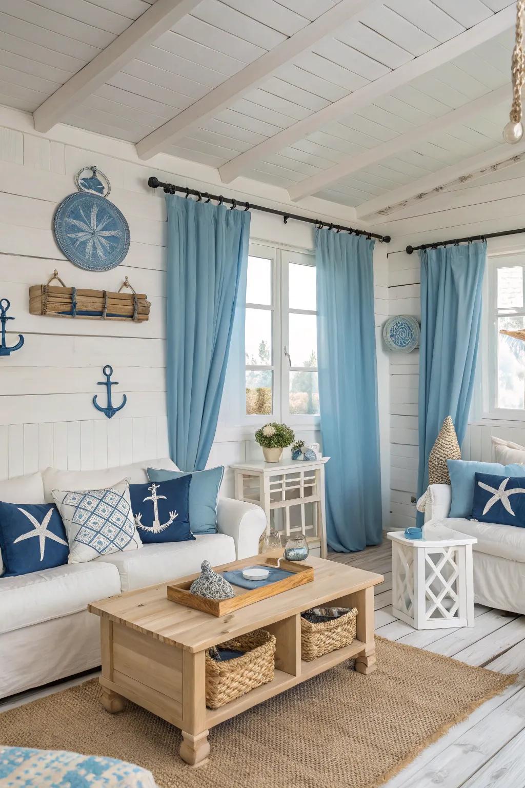 Blue and white come together to form a refreshing coastal atmosphere in this welcoming living room.
