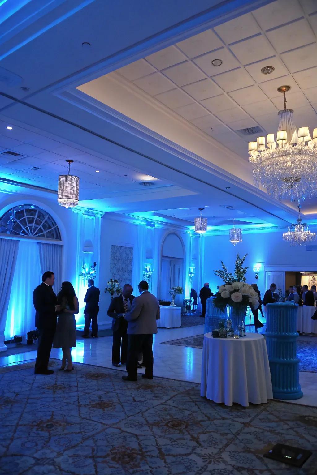 Blue illumination casting a peaceful and magical shimmer across the party scene.