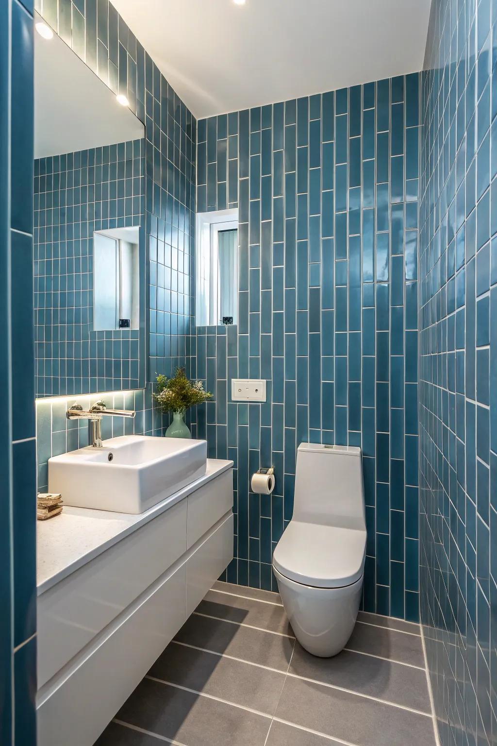 A modern take on a classic design is provided by vertically oriented rectangular ceramic.