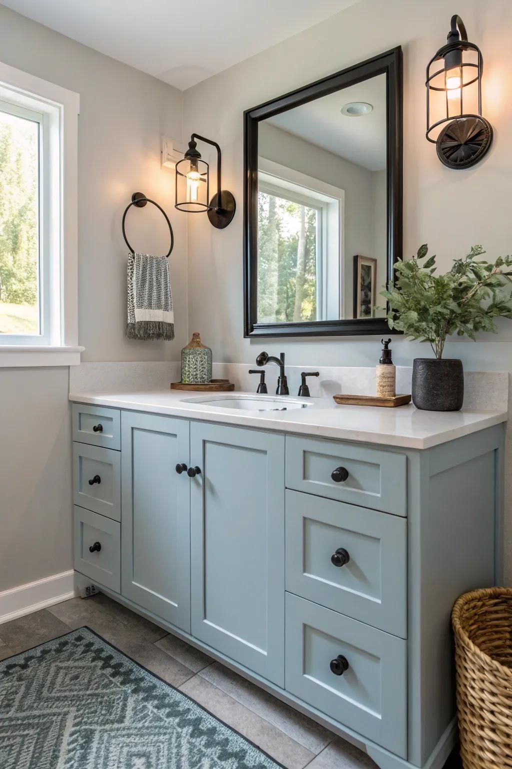 A DIY baby blue vanity revitalizes any bathroom.