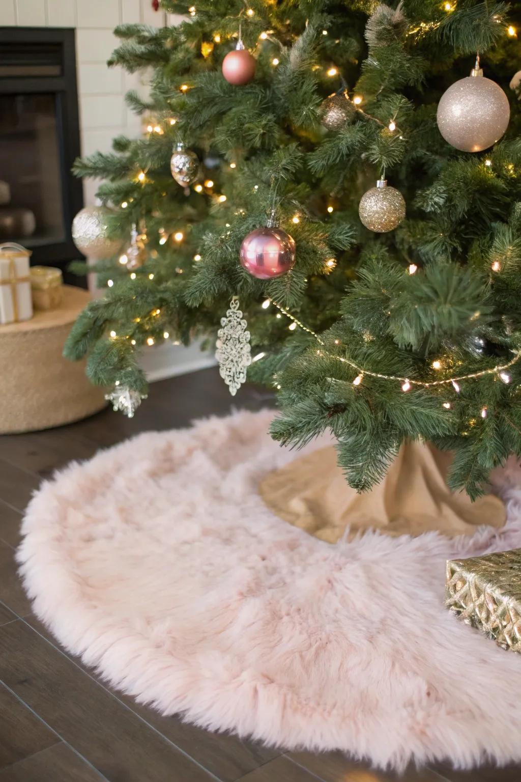 A rose-tinted holiday tree base enhances texture and warmth.