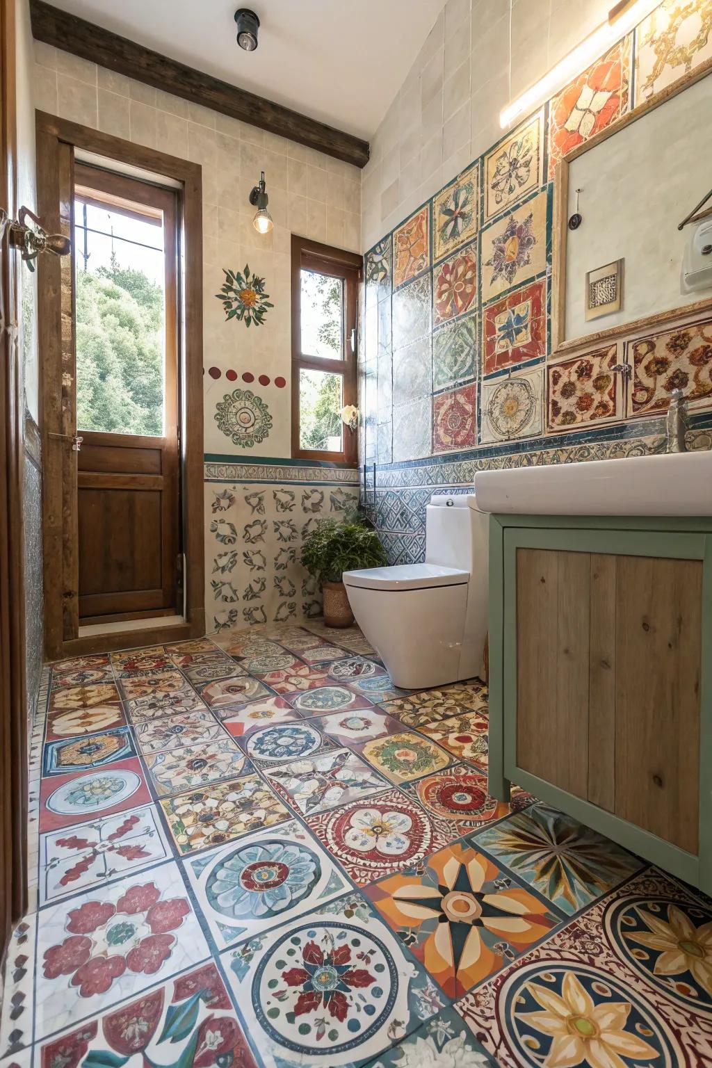 An outstanding boho bathroom using a combination of diverse tile themes.