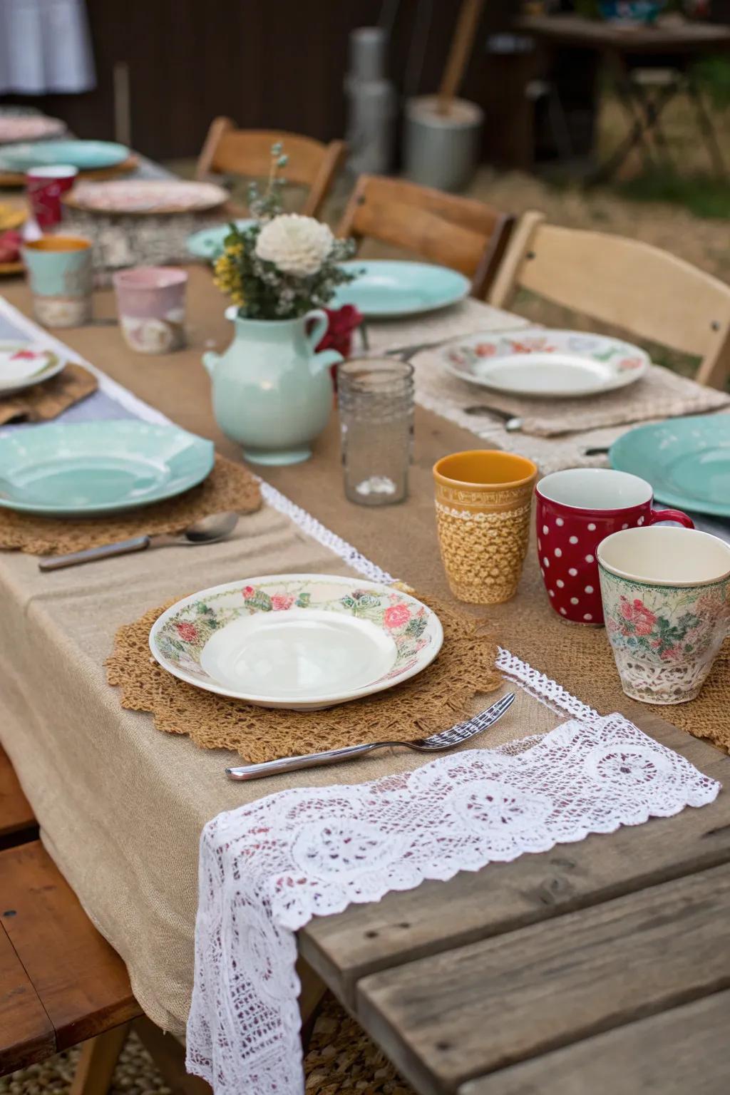 Eclectic table settings foster an inviting boho ambiance.