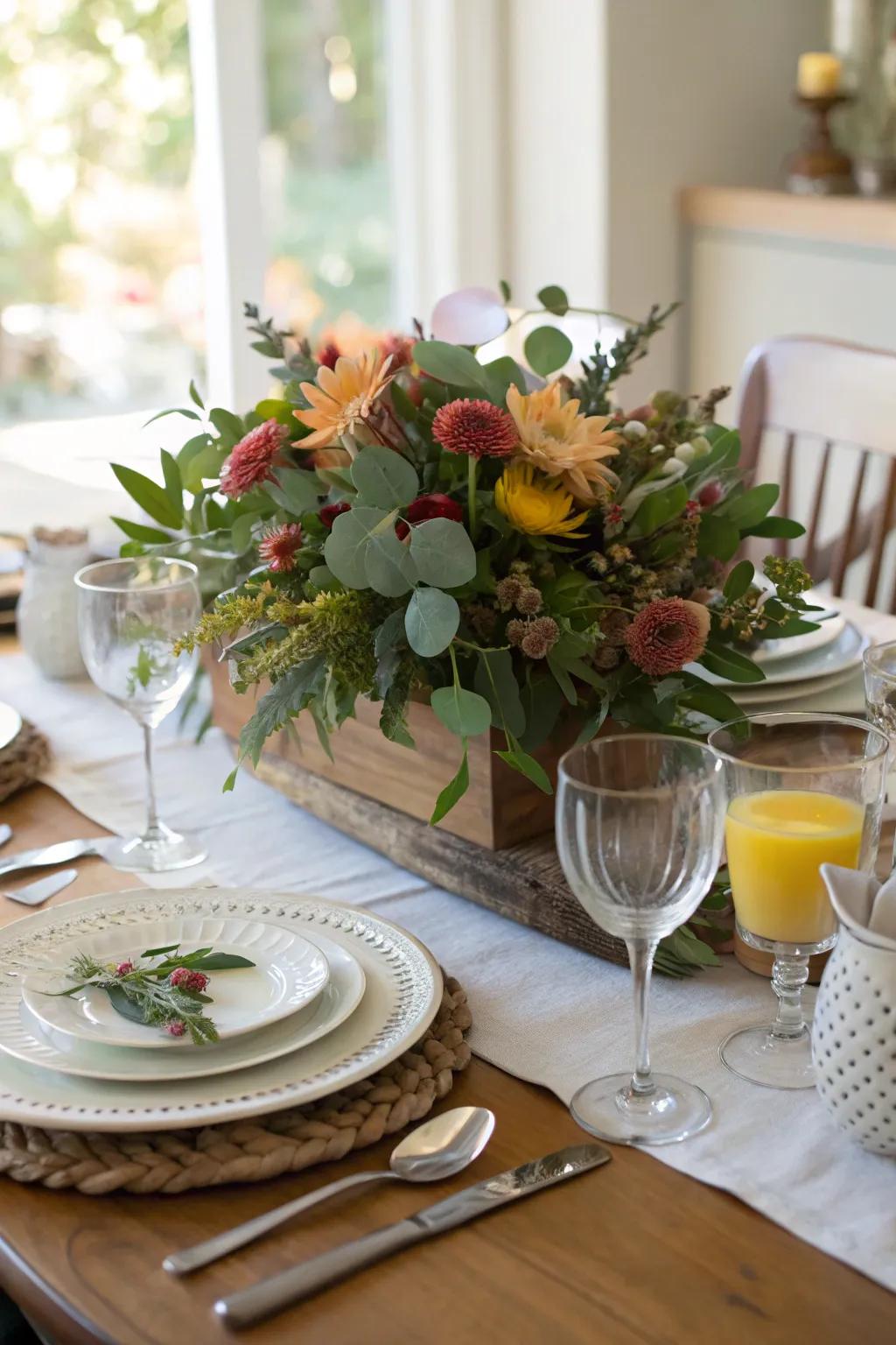Seasonal flowers and foliage create a stunning centerpiece for a boho brunch.