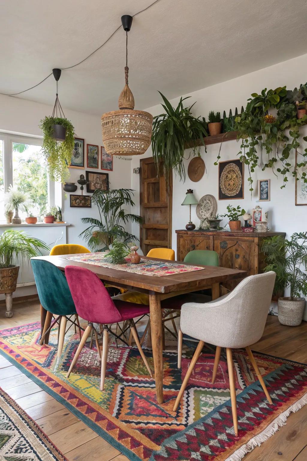 A diverse mix of chairs adding character to a boho dining space.