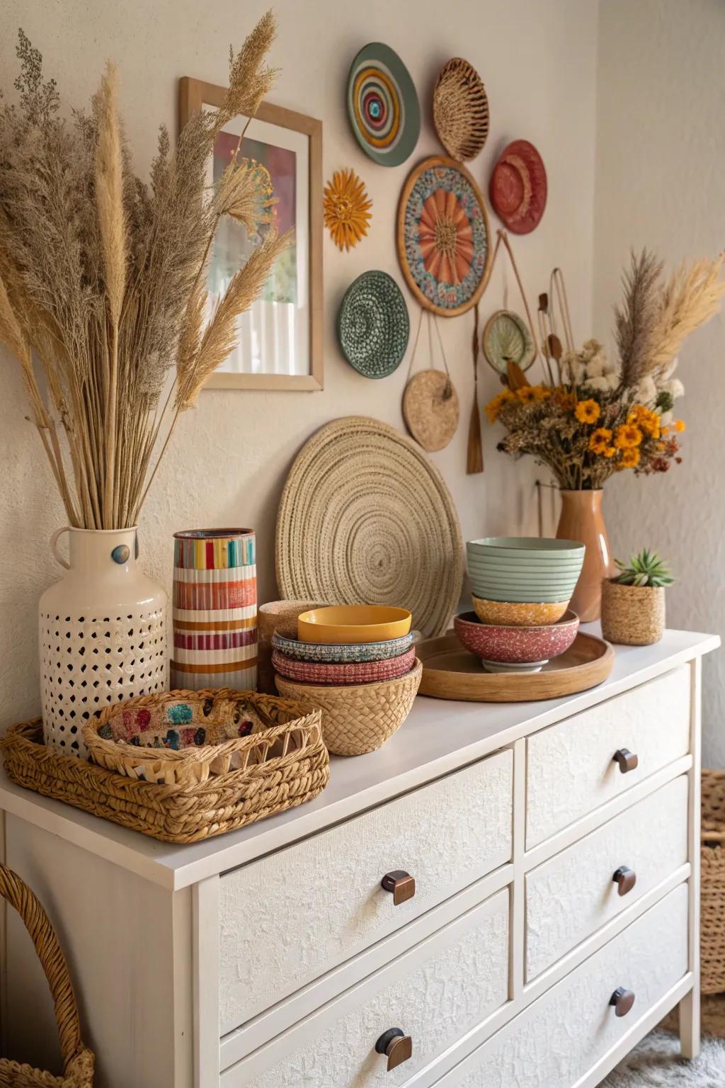Handcrafted pottery adds a personal touch to this boho dresser.