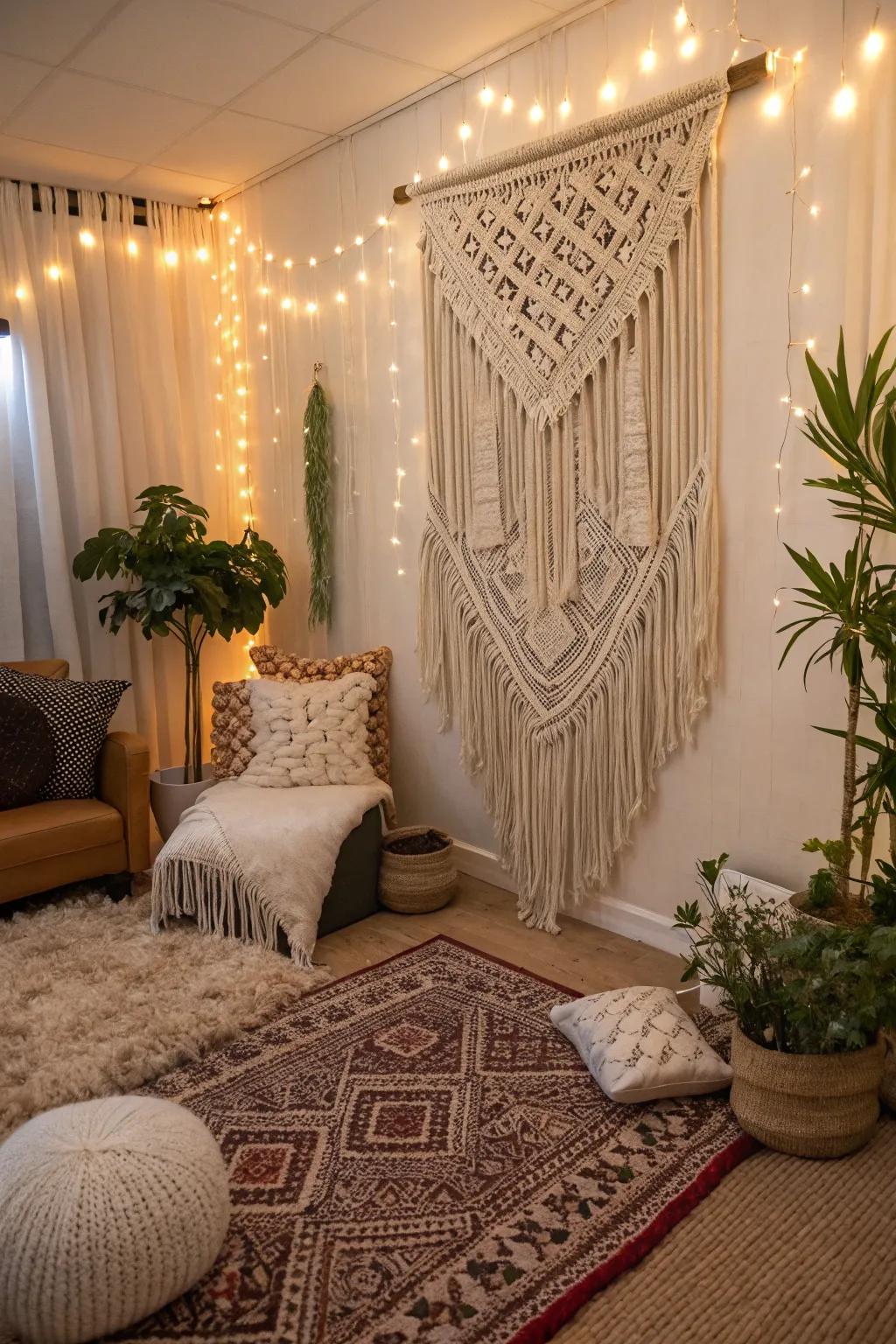 Macrame ornamented wall pieces append texture and individuality to the setting.