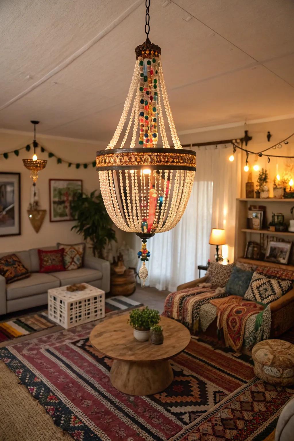 A beaded chandelier serving as a centerpiece in a bohemian living space.