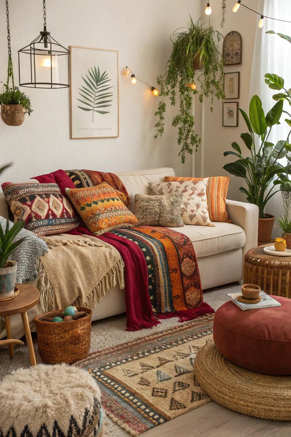 Comfort is essential in a bohemian living space.