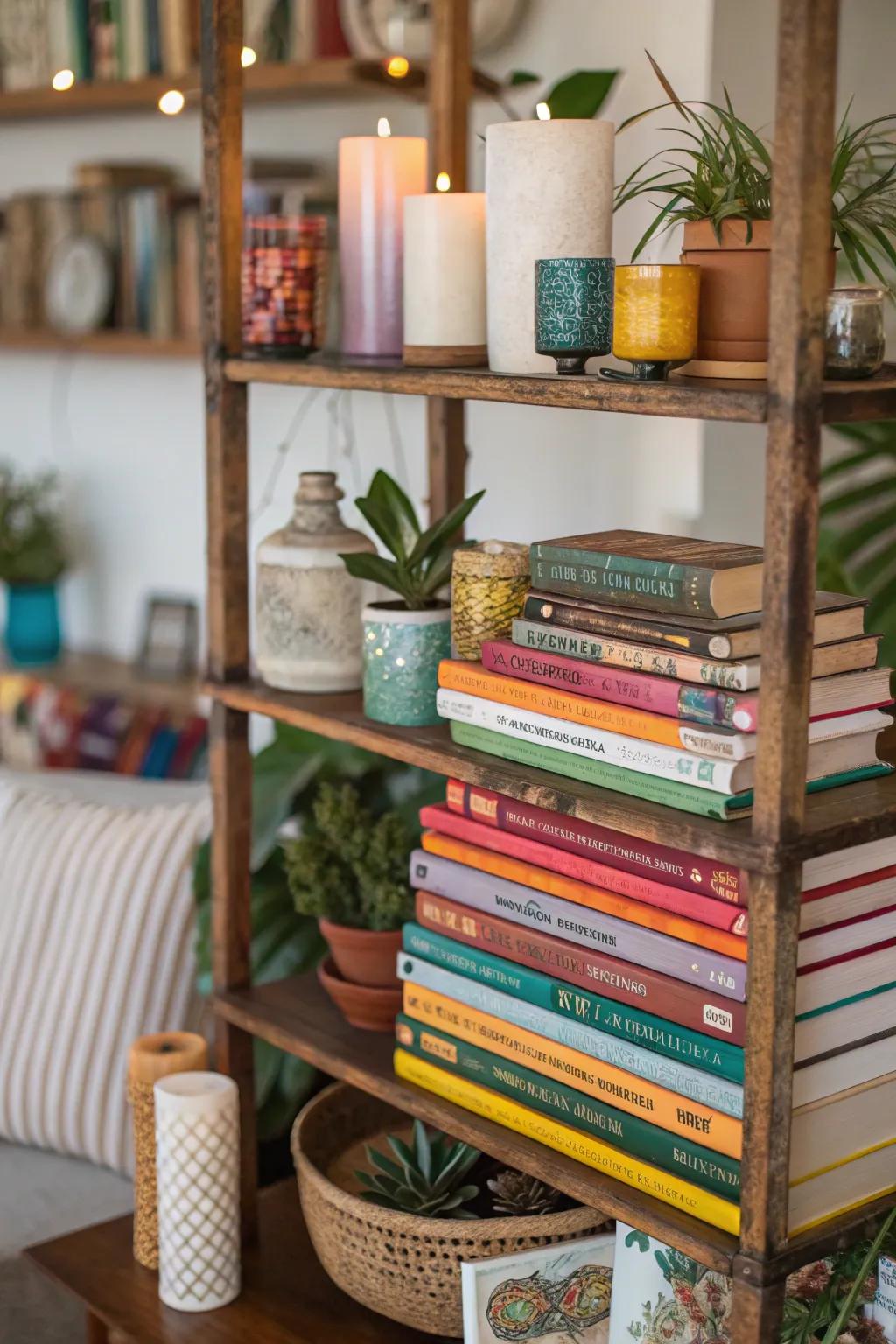 Books enhance texture and tone on your shelves.