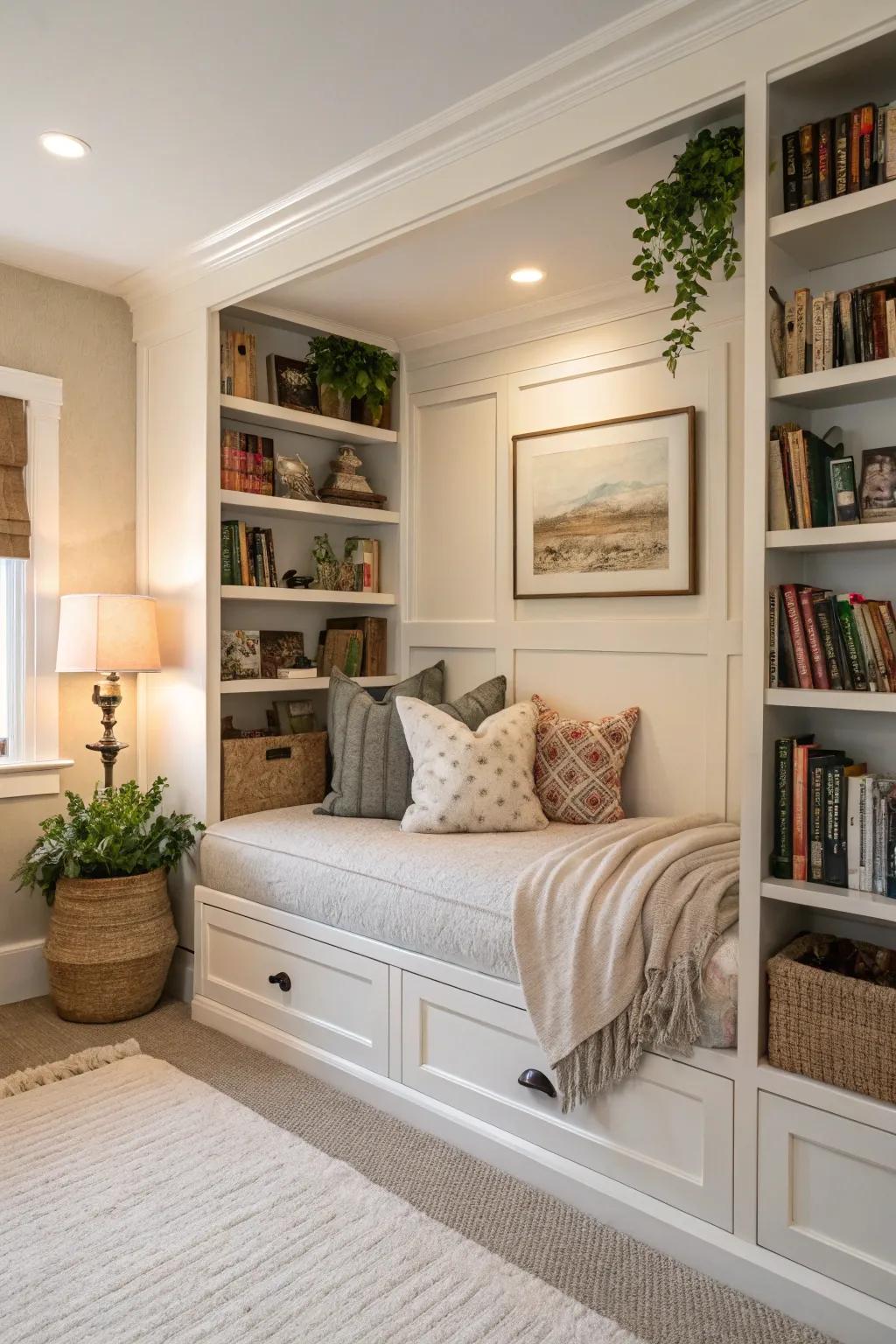 An in-wall reading nook equipped with a daybed for unmatched reading satisfaction.