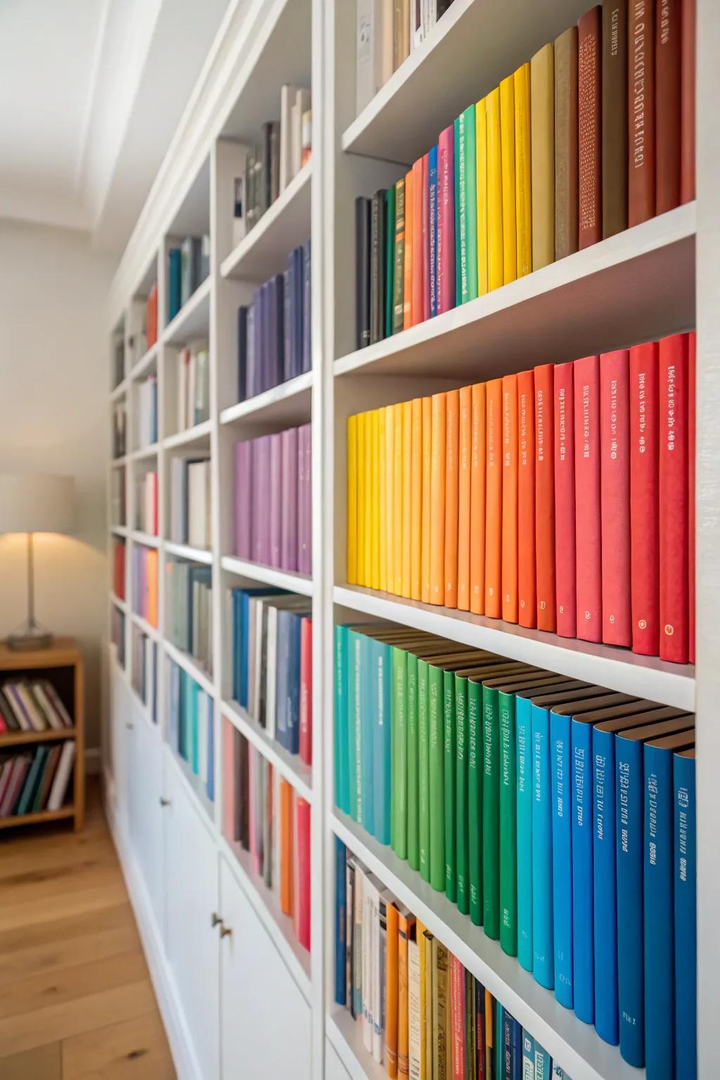 A bookshelf arranged by color provides a striking visual display.