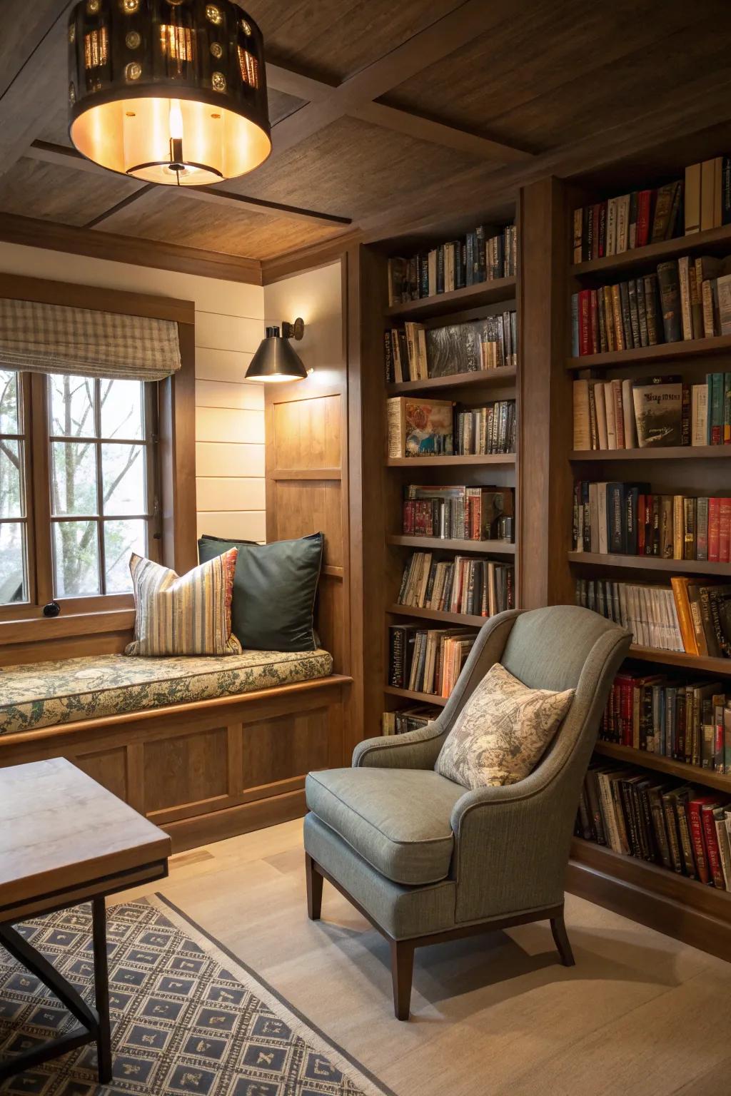 A snug reading space integrated into your book wall.