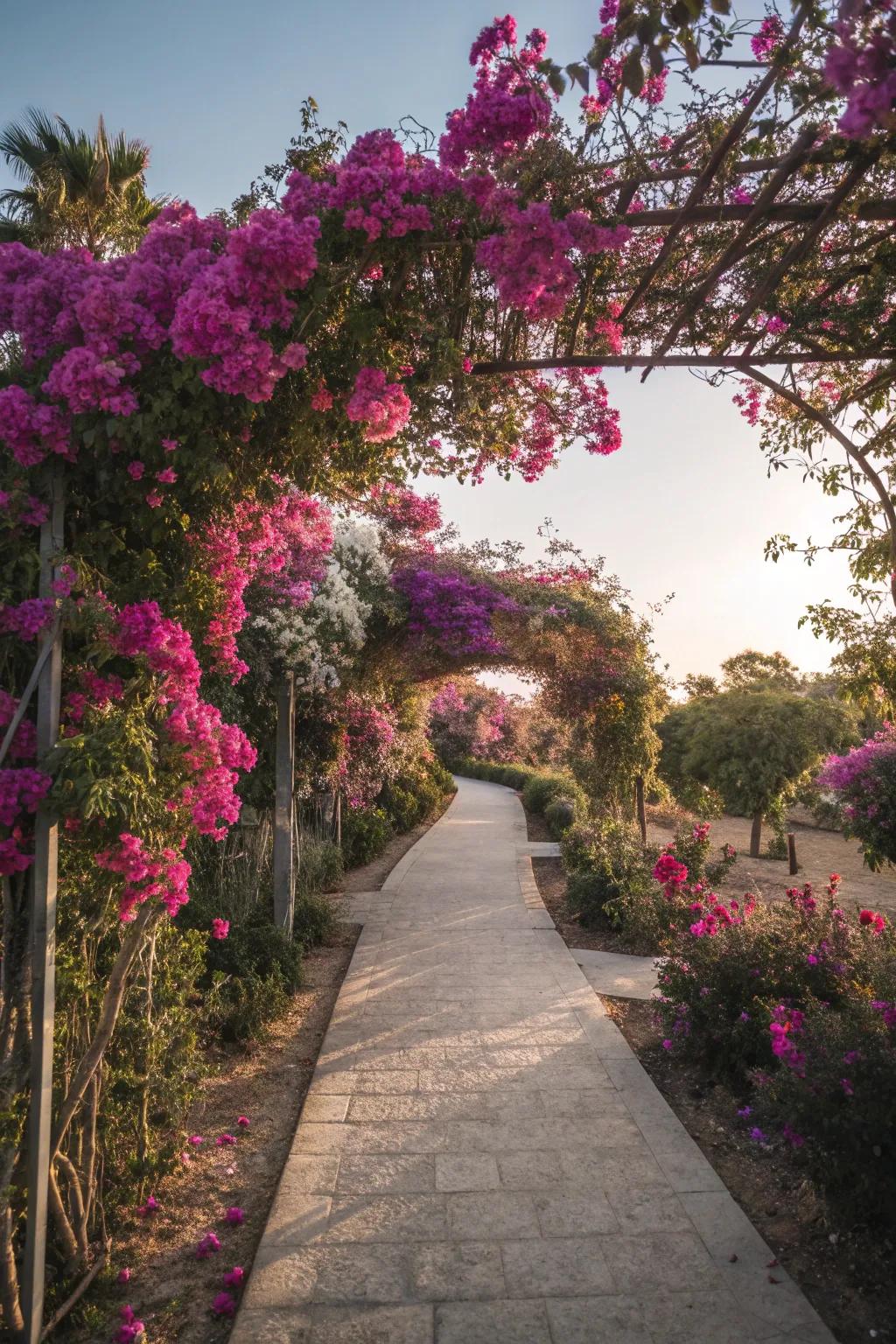 Bougainvillea lines a garden path, creating a vibrant walkway.