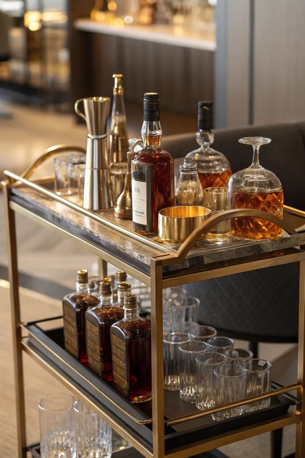 A bespoke mobile bar provides a versatile bourbon display remedy.