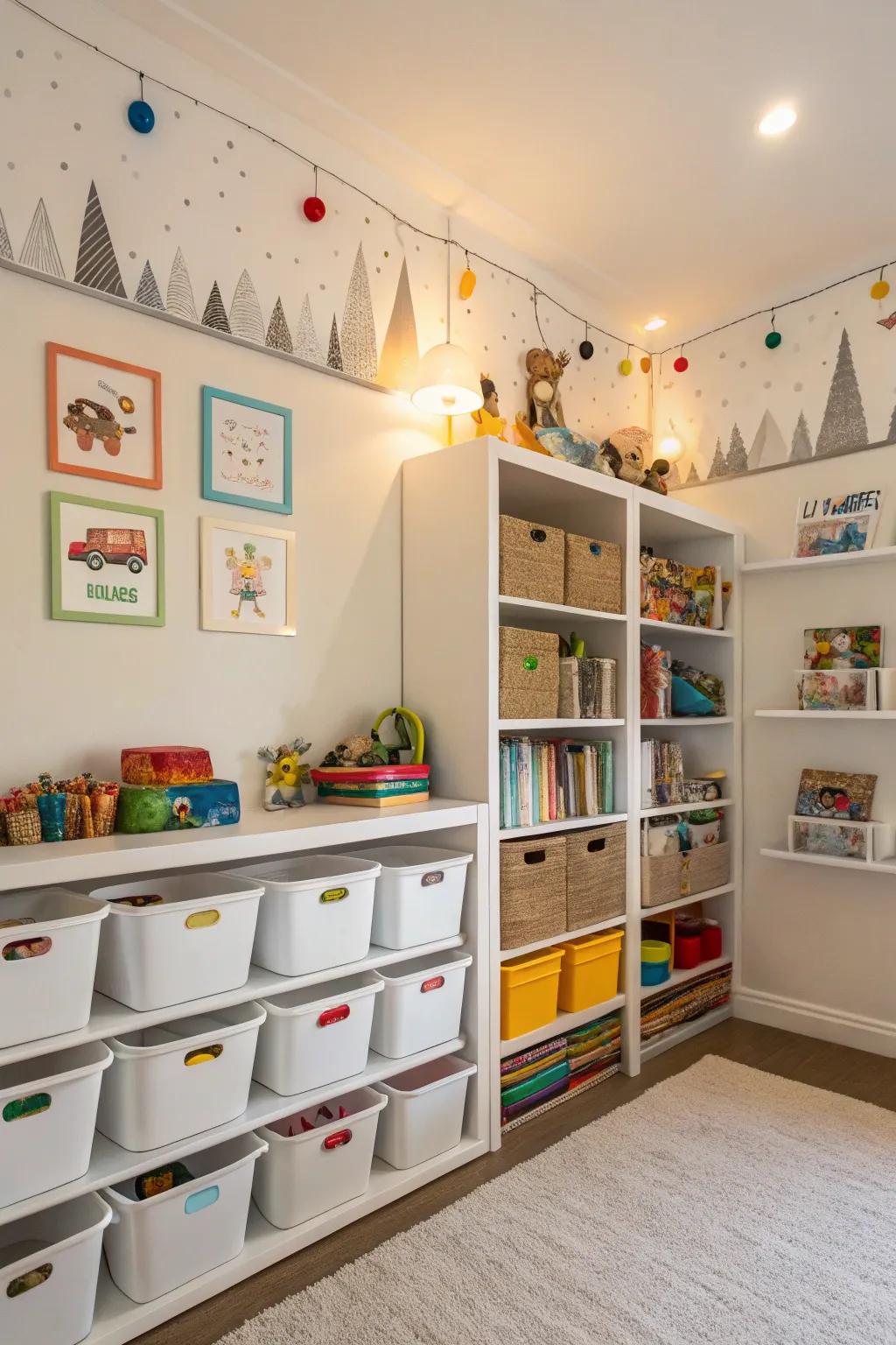 Upright storage solutions keep the room tidy and maximize space.