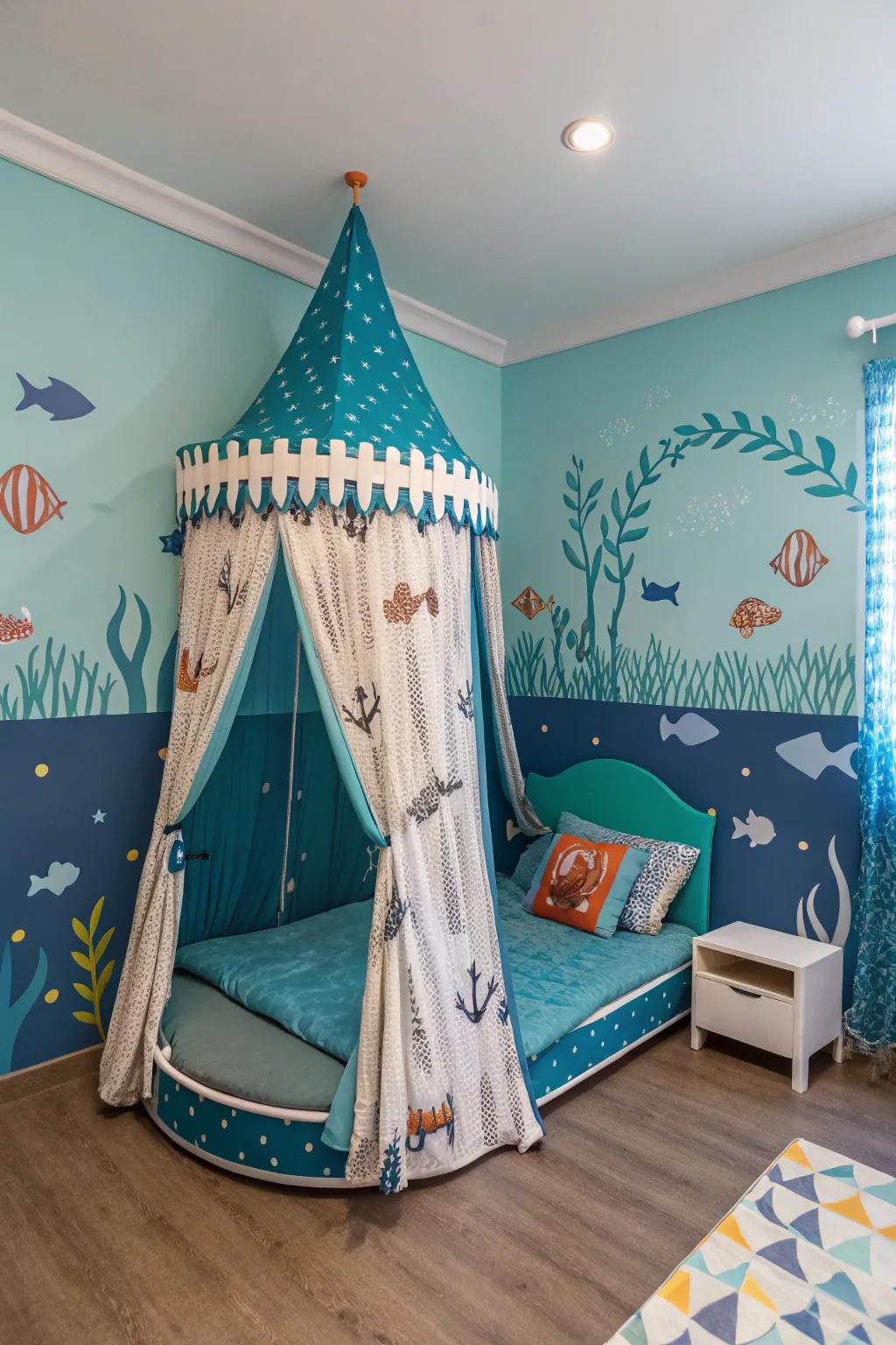 Dive into the realm of dreams with this underwater-styled canopy bed.