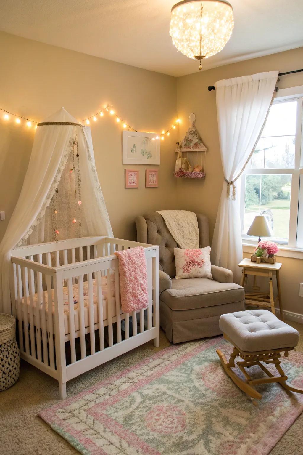Practical furnishings introduce style and functionality to the nursery.