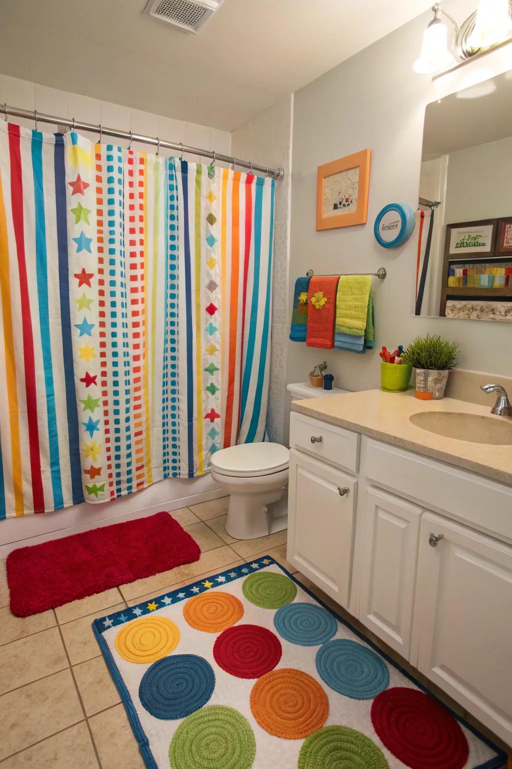 Textured striped fabrics add texture to a boys' bathroom.