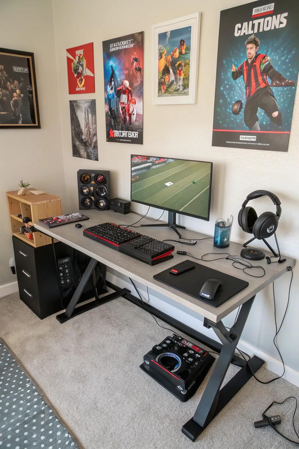 A wide-open desk equipped with cable management ensures a clutter-free gaming area.