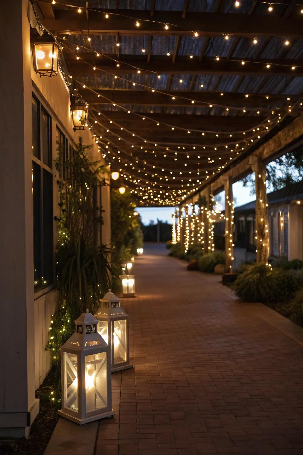 A breezeway bathed in ambient light, creating a magical atmosphere.