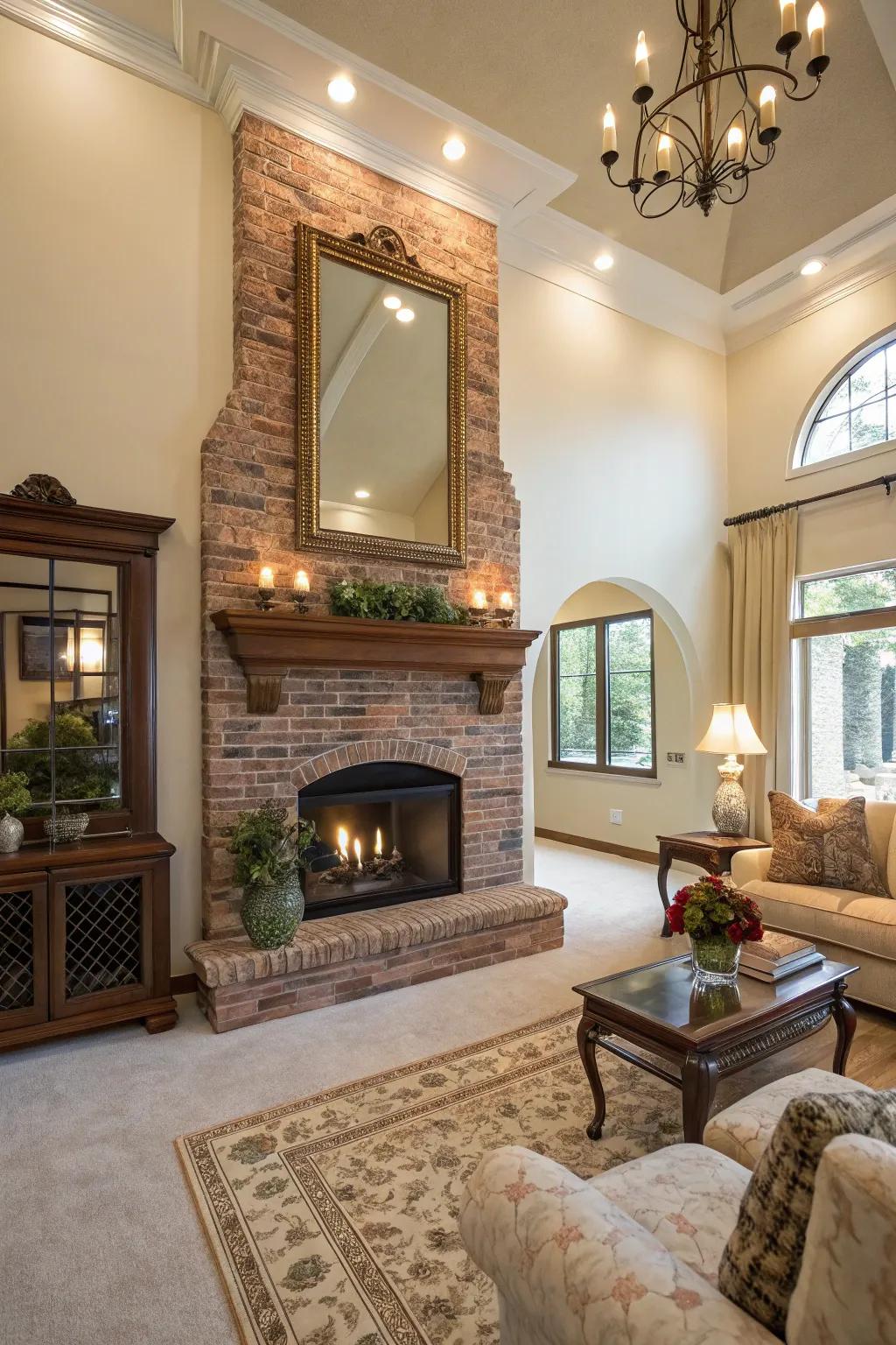 Positioning a sizable mirror above the fireplace introduces refinement and spaciousness.
