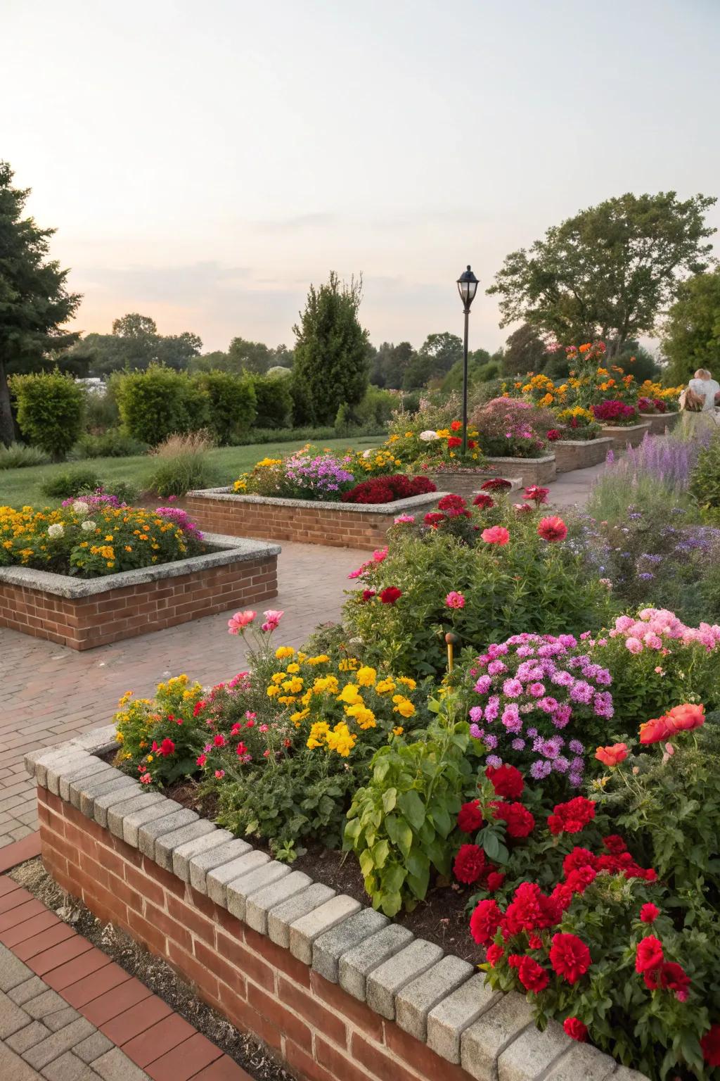 The combination of bright blooms and bricks creates an energetic garden display.