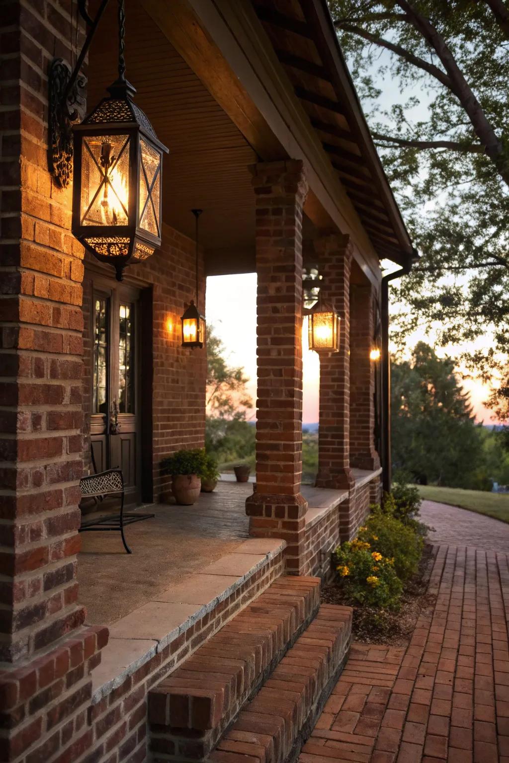Lanterns cast a warm glow, making this brick porch a nighttime haven.