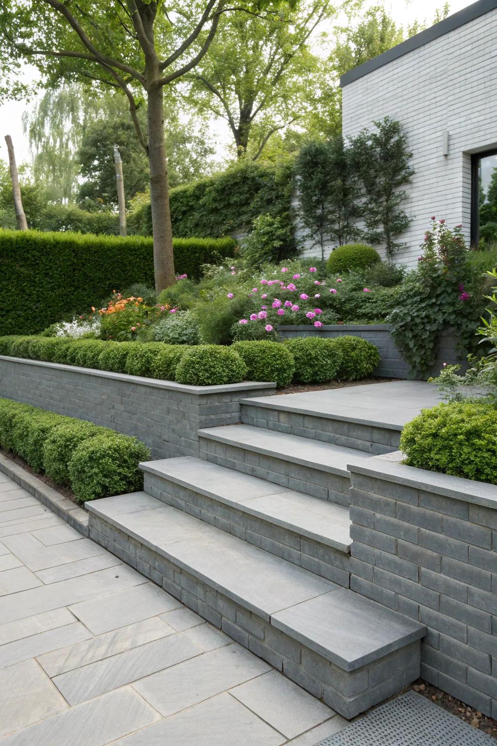 Slate brick steps contributing a contemporary touch to outdoor spaces.