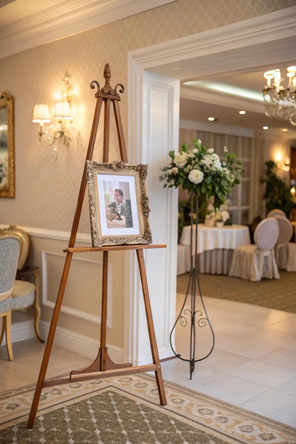 Elegant stand presentation showcasing framed images.