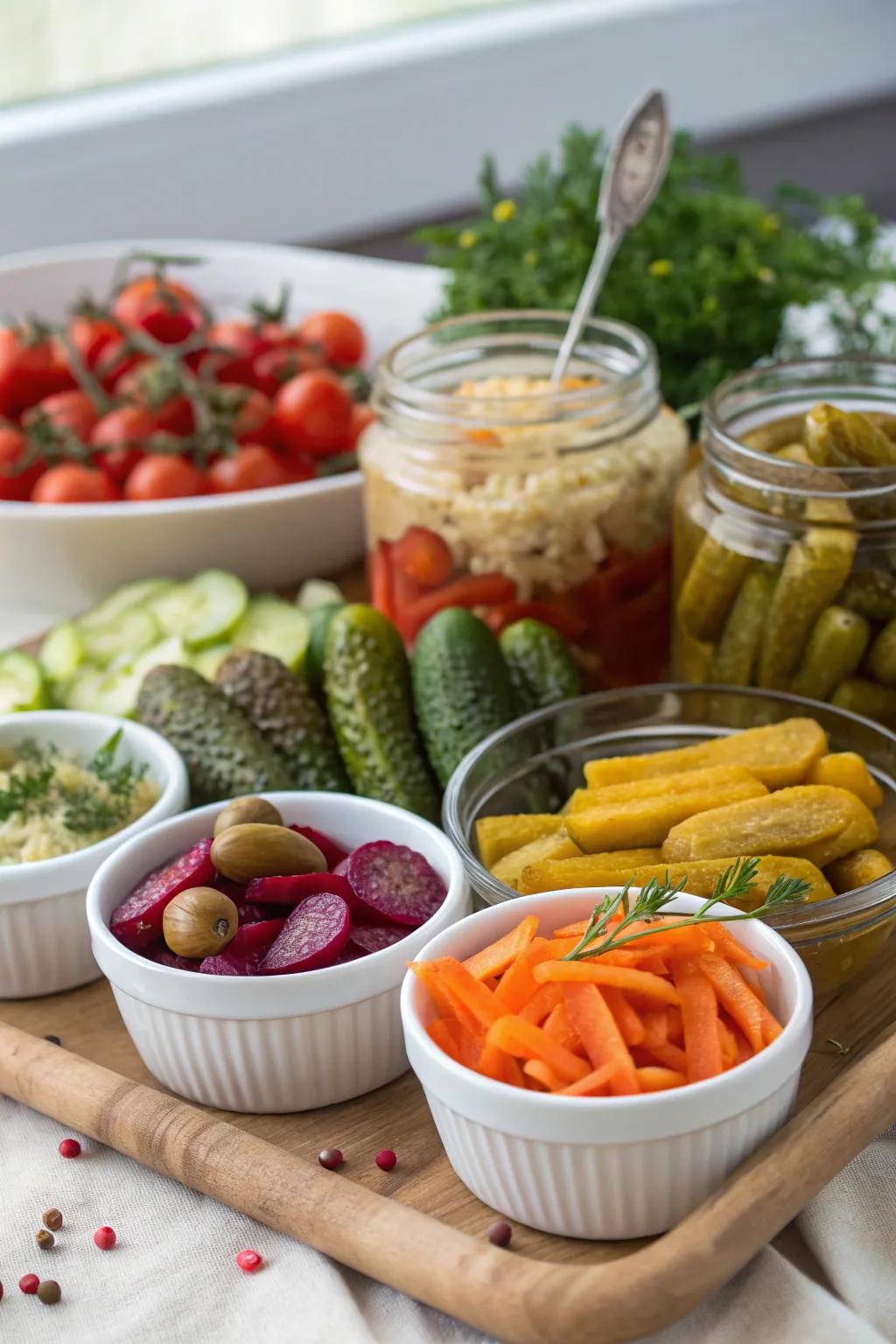 A vibrant selection of pickles and marinated vegetables for a tangy enhancement.