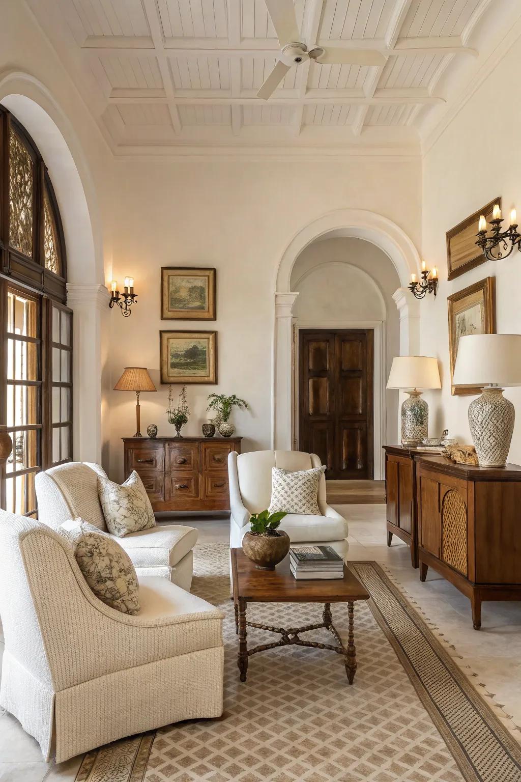 Neutral pigments conjure a serene and placid environment.