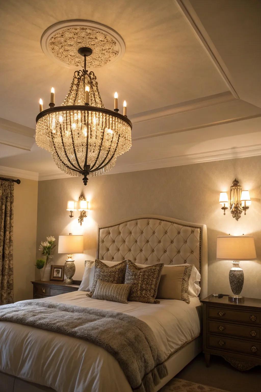 Layered lighting elevates warmth and dimension in the bedroom.