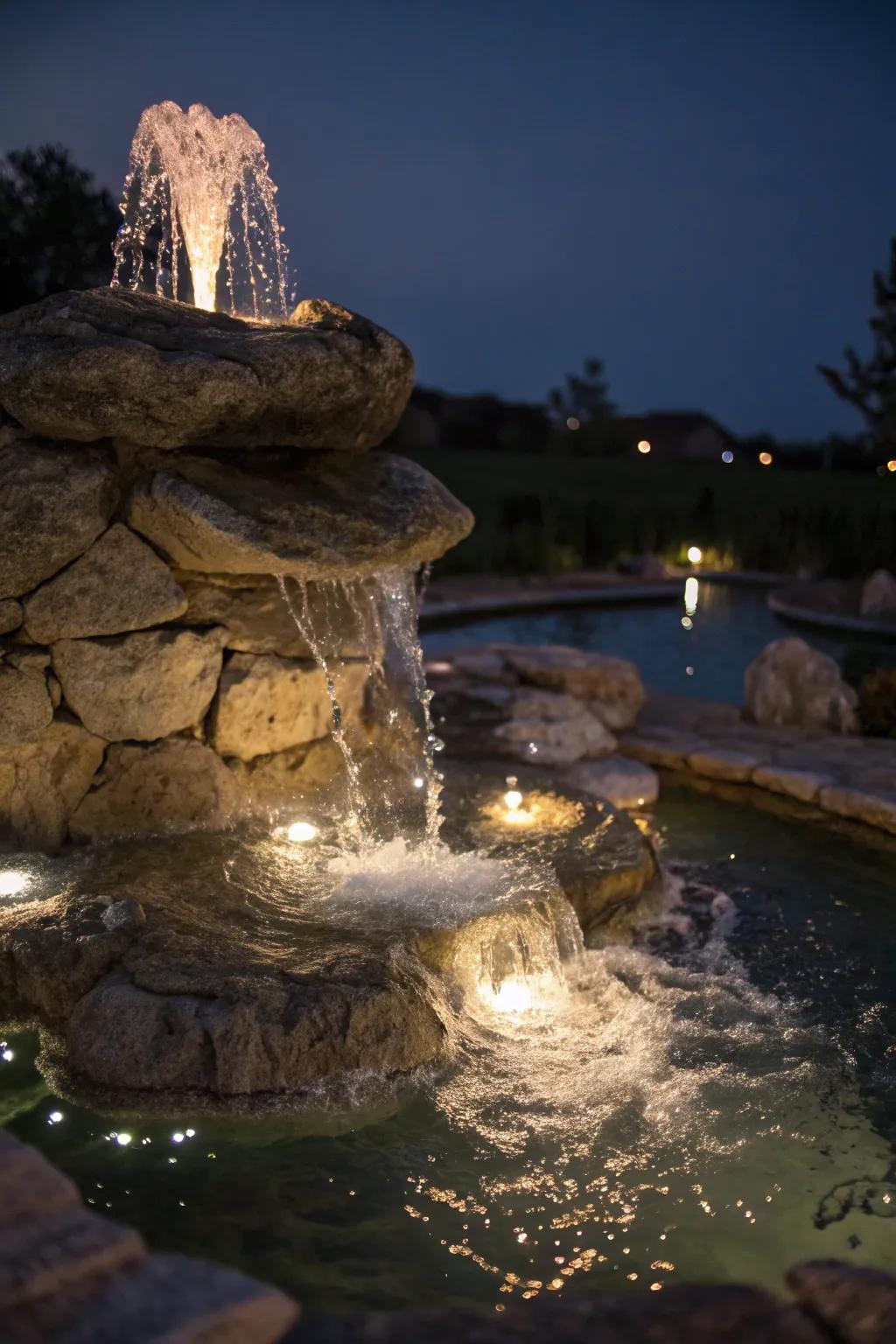 Lighting turns this fountain into an appealing nighttime element.