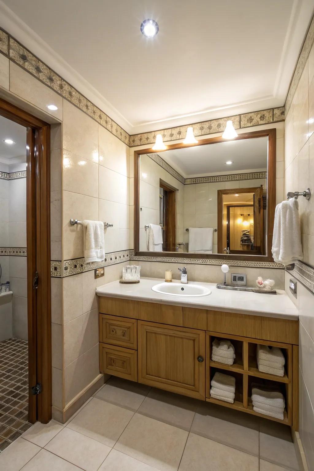 A large mirror enhances the perception of space in a small bathroom.