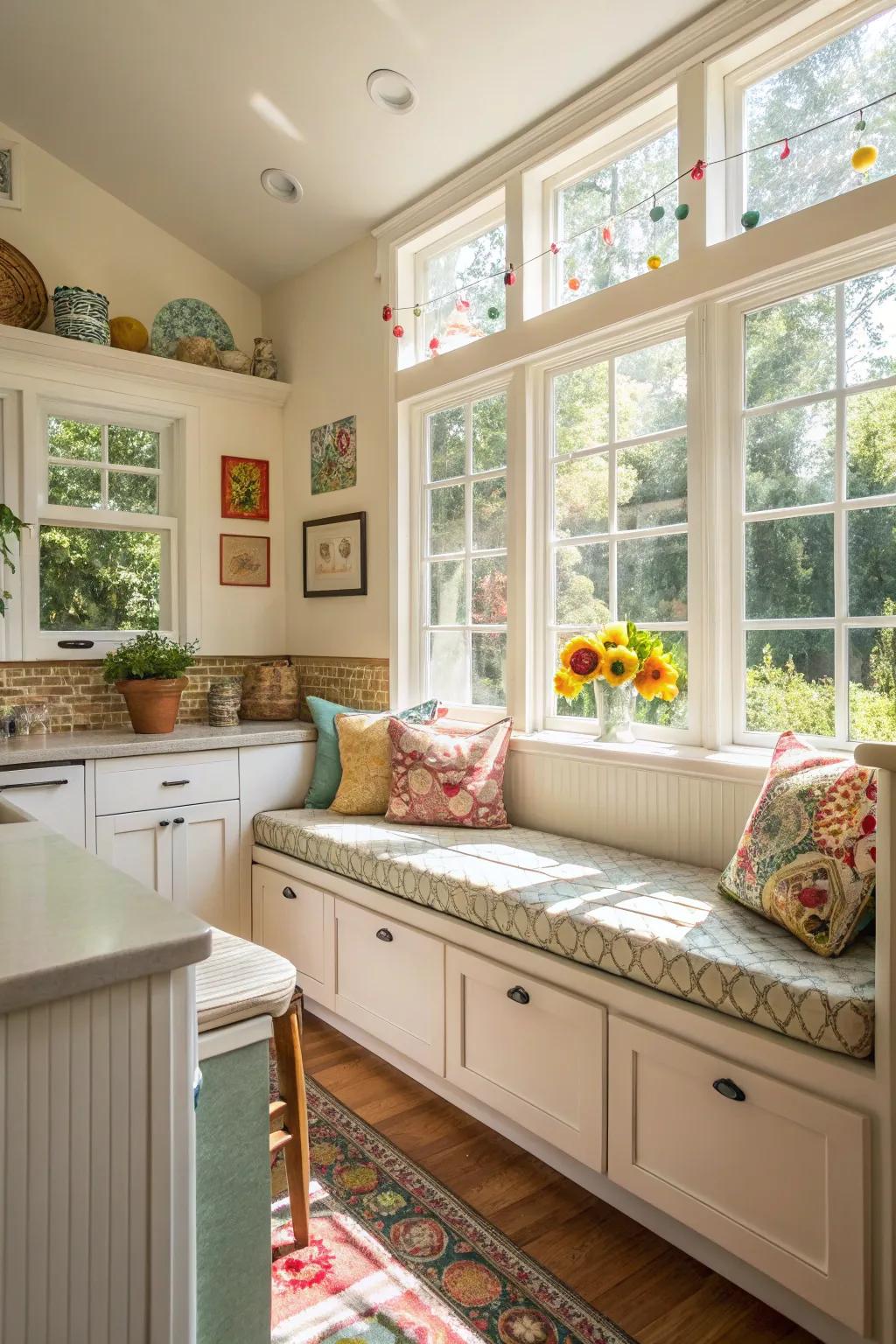 Banquette seating by the window, basking in beautiful natural light.